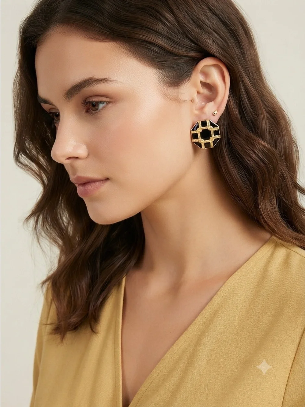 Modern Octagonal Black Enamel Earrings | Gold-Tone Geometric Statement